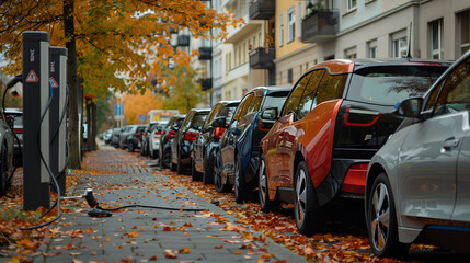 Obraz premium Public parking along the street with charging points for electric vehicles