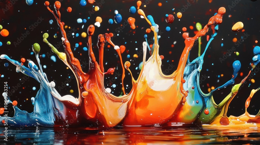 Poster colorful splashes of paint create a vibrant and dynamic visual against a dark background.