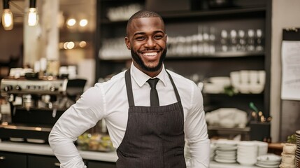 Fototapeta premium A smiling male chef stands confidently in a stylish restaurant, wearing an apron and a formal shirt, ready to serve customers.