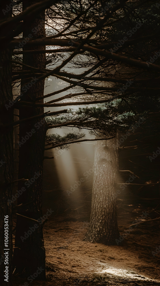 Poster sun rays illuminate a misty forest path through the trees.