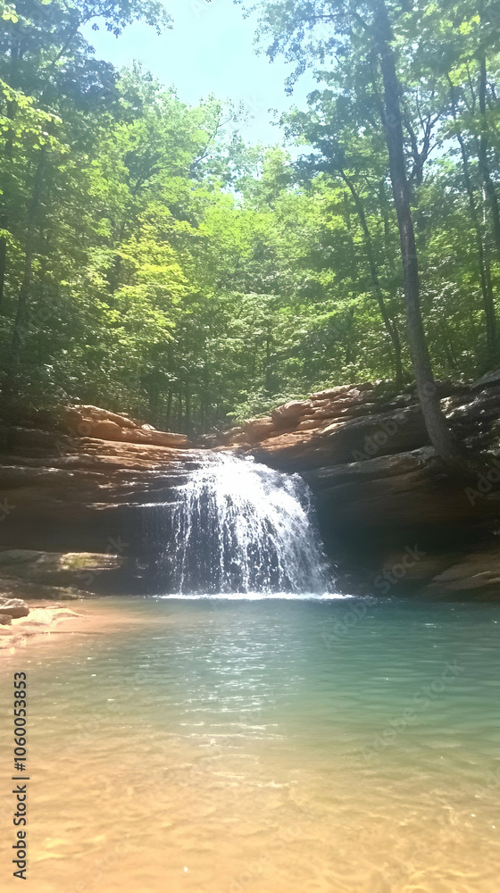 Poster a cascading waterfall flows into a crystal clear pool surrounded by lush green trees.