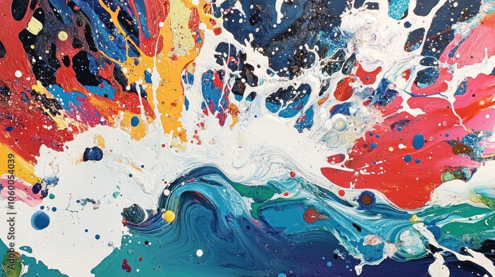 Poster a vibrant abstract painting featuring splashes of color and dynamic movement.