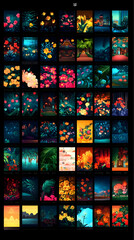 Fototapeta premium A digital collage of 48 pixel art images featuring nature scenes, flowers, and landscapes.