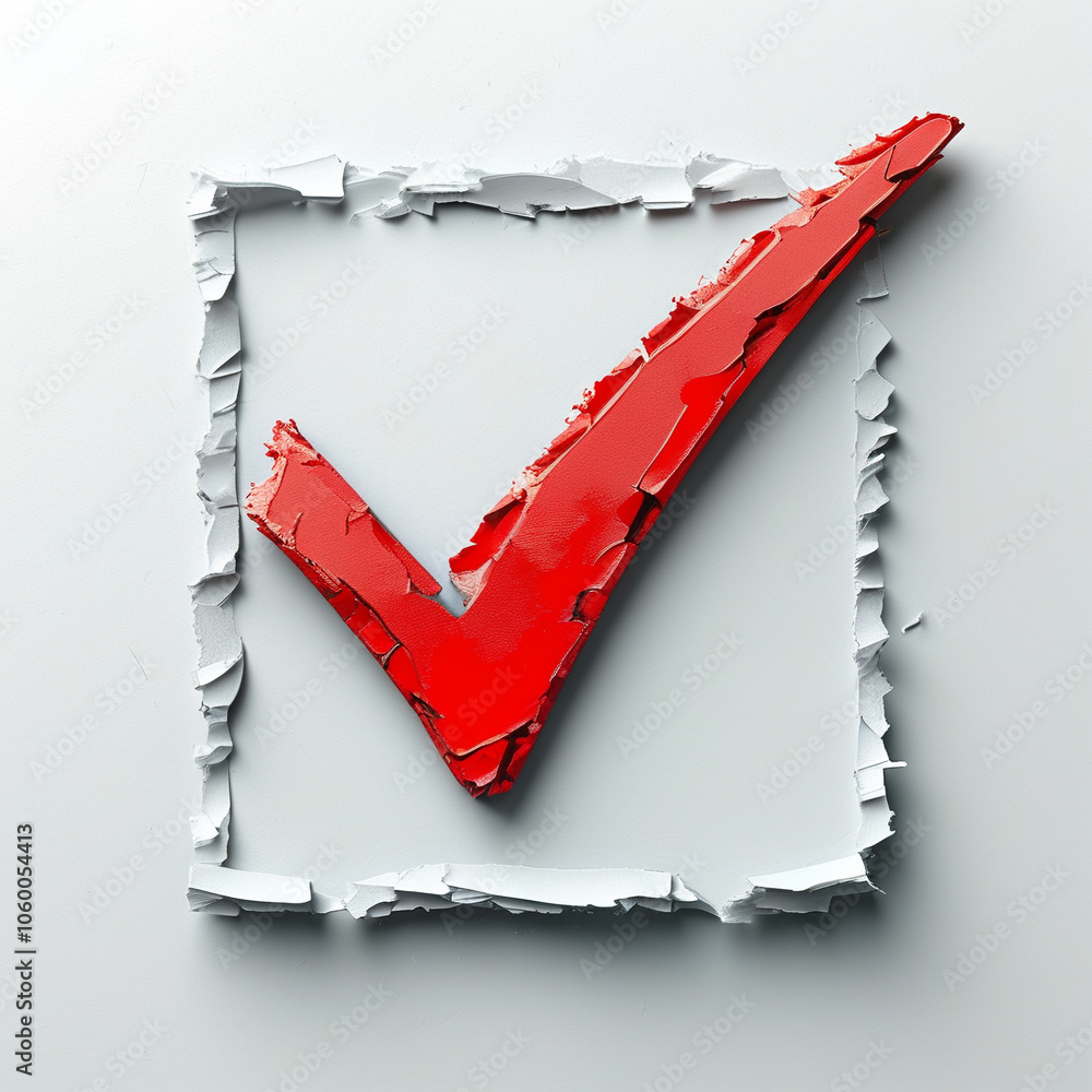 Poster creative red check mark symbolizing approval on a textured white background