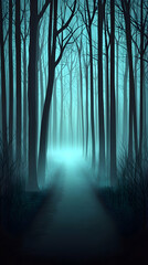 Fototapeta premium A path through a misty forest with tall, dark trees on either side.