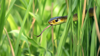 A harmless grass snake camouflaged in tall grass, its forked tongue flicking in and out as it senses its surroundings, Photorealistic