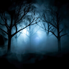 Obraz premium Mysterious fantasy silhouette dark branch night forest. Black mystical scary bare trunks autumn fog. Mystic Road way blue moonlight mist magic gothic horror spooky forest smoke