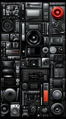Fototapeta premium A wall of black and silver electronic devices, with a red speaker in the upper right corner.