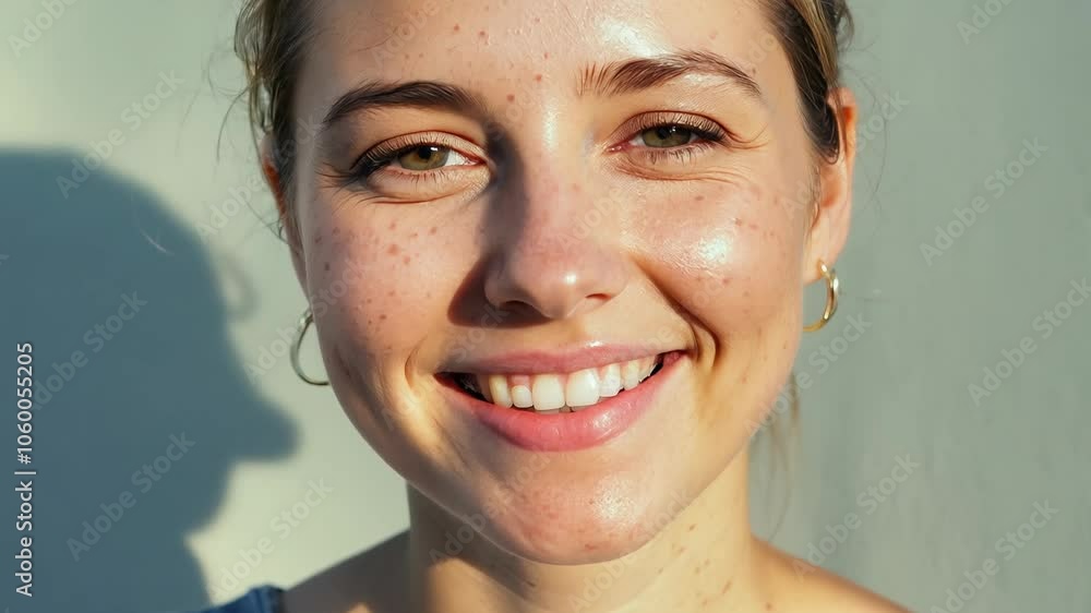 Poster a static video with soft daylight featuring a model with minimal makeup and freckles smiling, enhanc