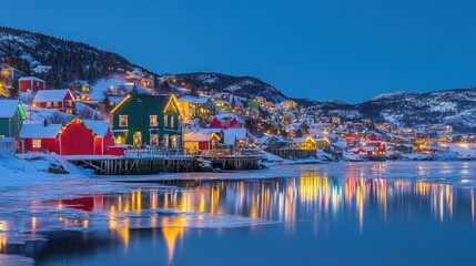 Colorful houses on a snowy hill with lights reflecting on a frozen lake at dusk.