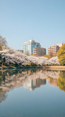 Cherry blossoms reflect in a still lake with buildings in the background.