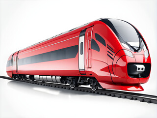 Naklejka premium Creative abstract railroad travel and railway tourism transportation industrial concept: red modern high speed passenger commuter train isolated on white background
