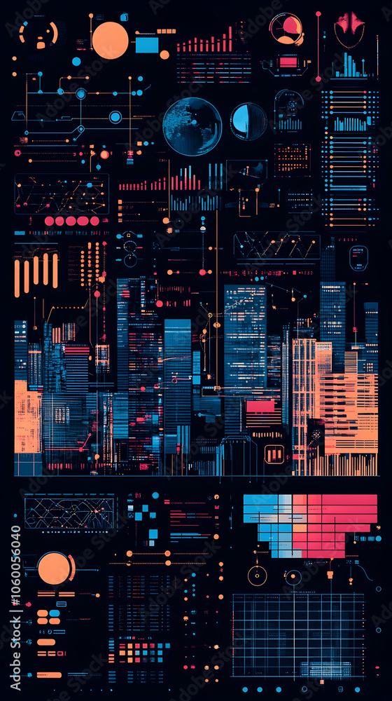 Poster futuristic cityscape with glowing lines and data visualizations.