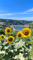 Obraz premium Four sunflowers in bloom facing the harbor with a cityscape and blue sky in the background.