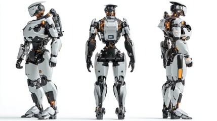 Set of advanced AI robots with mechanical limbs and metallic exteriors isolated on white