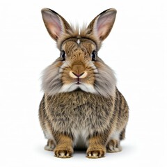 Obraz premium cute brown and white fluffy rabbit looking at camera on white background