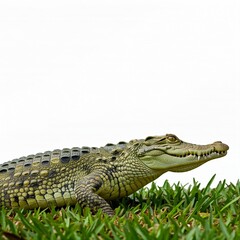 Obraz premium green crocodile in grass close up with white background