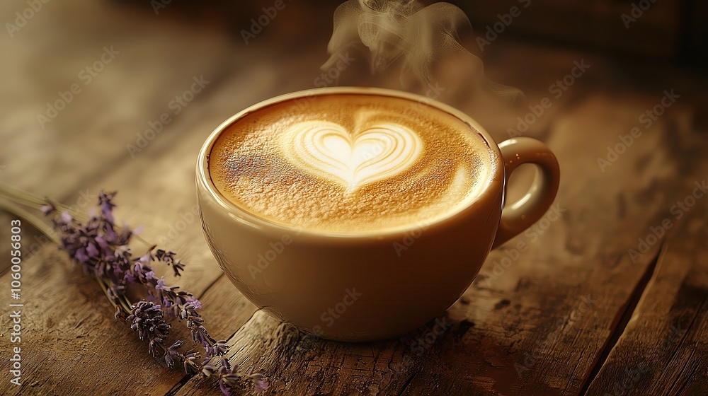 Wall mural cup of coffee with intricate latte art and steam rising cup of coffee with heart latte art