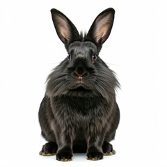 Obraz premium black fluffy rabbit sitting isolated on white background looking at camera