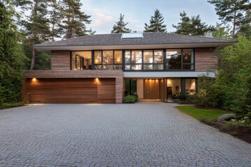 Fototapeta premium Modern wooden house with large windows surrounded by trees in a serene setting at dusk