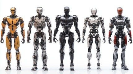 Obraz premium Set of advanced AI robots with mechanical limbs and metallic exteriors isolated on white
