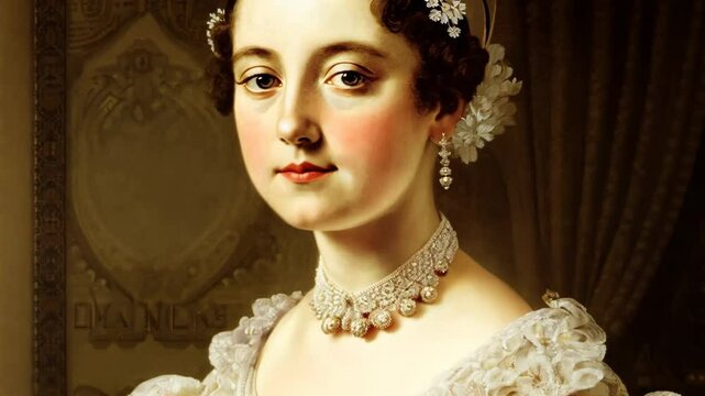 Portrait of smart woman at ball in white dress and hairstyle. Pretty girl of marriageable age from rich royal family. Duchess, princess, queen, tsarina, lady, boyarina. Enviable bride. Vintage costume