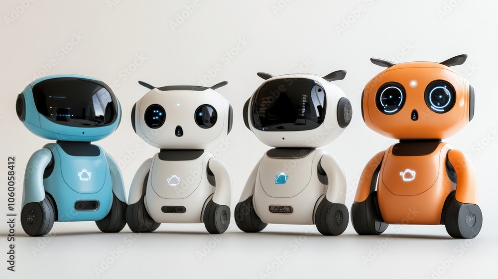 Poster set of friendly ai robots with small digital screens and compact designs on white background