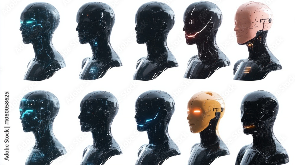 Poster set of humanoid ai robots with different facial expressions on digital screens isolated on white