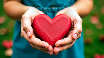 Obraz premium Artist holding a red clay heart in hands with a colorful painted background of hearts