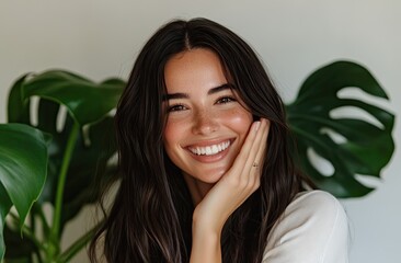 Fototapeta premium Skincare editorial shoot of a brunette woman with long hair in front of a monstera plant, smiling and touching her face