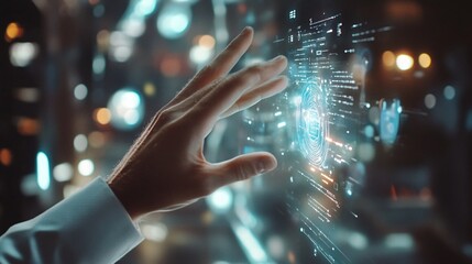 Businessman Reaching for AI Hologram Interface