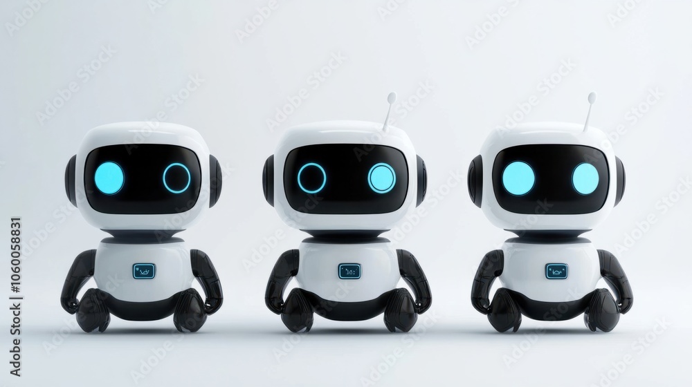 Poster set of friendly ai robots with small digital screens and compact designs on white background
