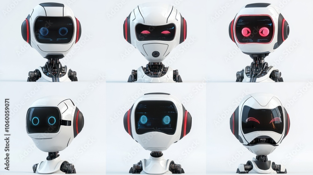 Poster set of humanoid ai robots with different facial expressions on digital screens isolated on white