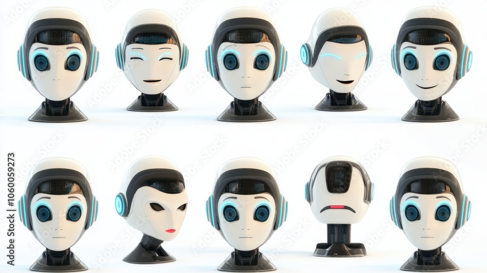 Poster set of humanoid ai robots with different facial expressions on digital screens isolated on white