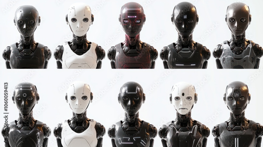 Poster set of humanoid ai robots with different facial expressions on digital screens isolated on white