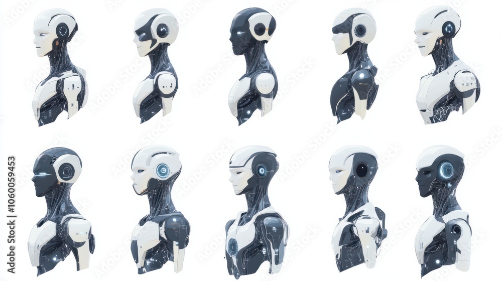 Poster set of humanoid ai robots with different facial expressions on digital screens isolated on white