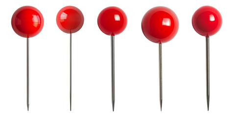 Collection of red push pins in varying sizes, arranged for display. Isolated on a white background for clear visibility and use in design projects.