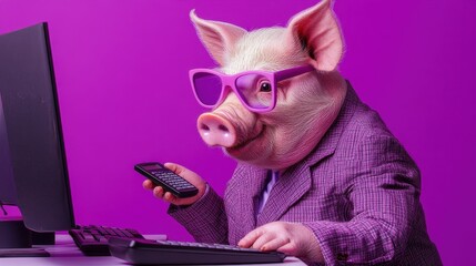 Fototapeta premium Business Pig with Glasses Working on Computer
