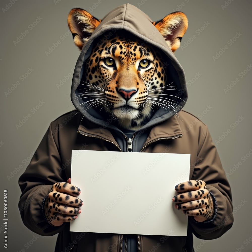 Wall mural Anthropomorphic leopard holding blank sign, dressed in a jacket with a hoodie.