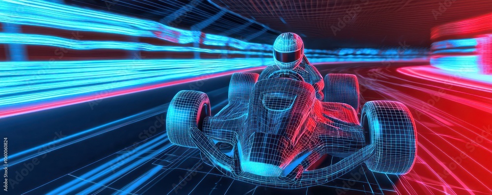 Poster racing go-kart in interactive wireframe showcased on a high-speed virtual reality track.