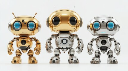 Fototapeta premium Various AI robots in metallic finishes with illuminated eyes isolated on white