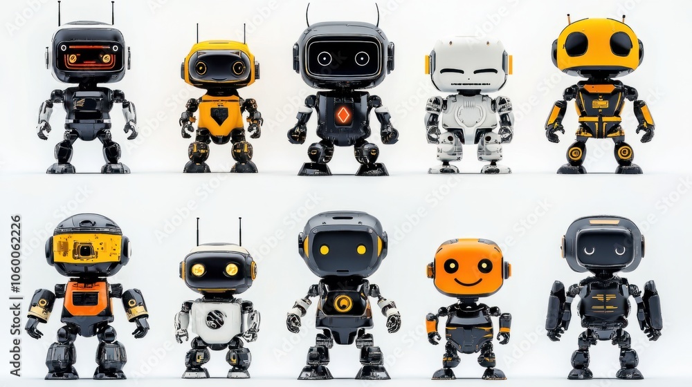 Poster various ai robots with different expressions and designs isolated on white