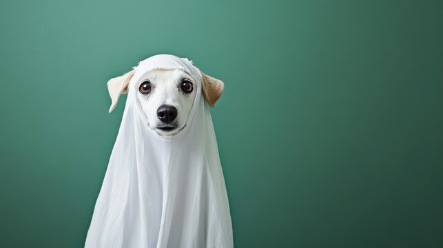 Playful Dog Dressed as Ghost for Halloween