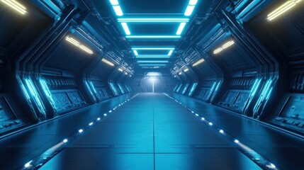 Obraz premium A futuristic corridor illuminated by blue lights, suggesting a sci-fi environment.