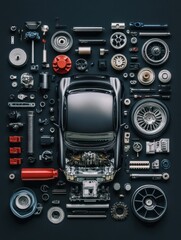 Knolling Layout of Black Sports Car Parts and Engine Components with Detailed Precision