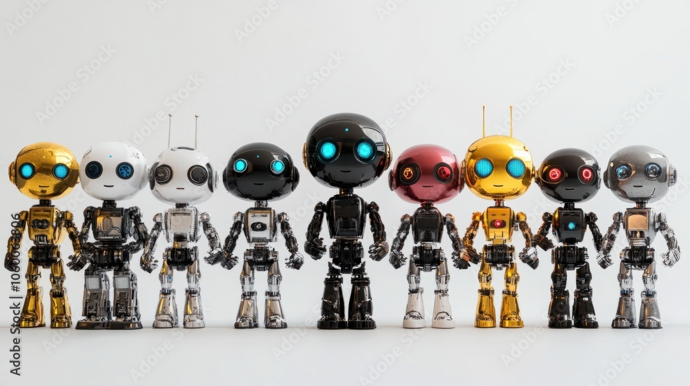 Poster various ai robots with shiny metallic bodies and expressive digital faces on white background