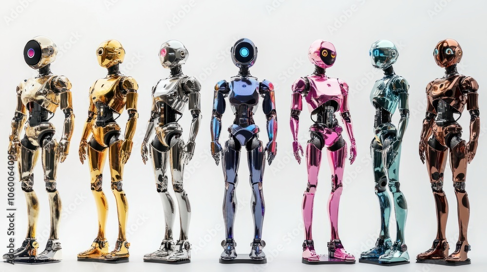 Aufkleber various ai robots with shiny metallic bodies and expressive digital faces on white background