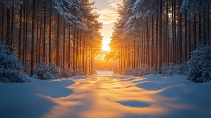 Serene winter landscape with sunlight filtering through snowy trees.