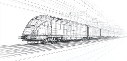 Digital wireframe portrayal of a train focusing on contemporary rail transport.