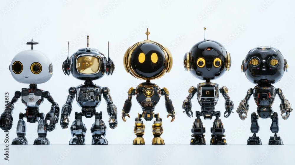 Aufkleber various ai robots with shiny metallic bodies and expressive digital faces on white background